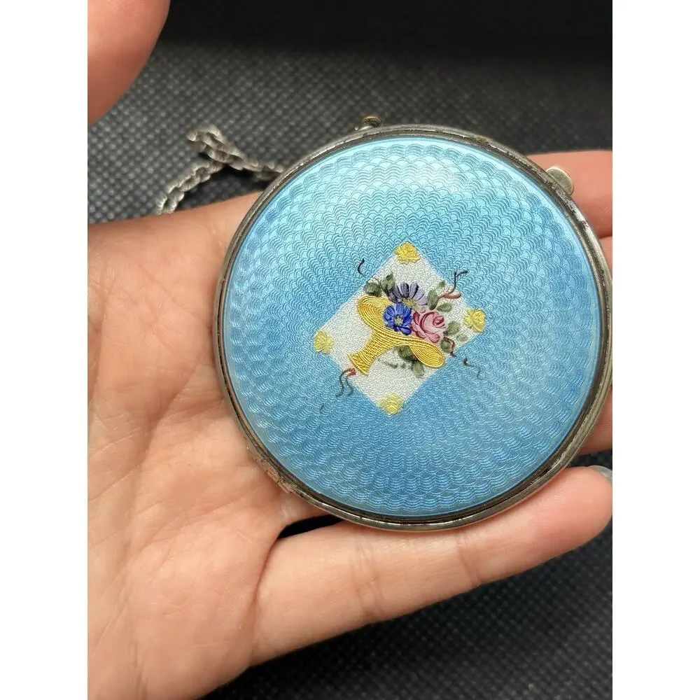 Antique Deco Blue Guilloche Enamel Floral Basket Silver Tone Compact Necklace